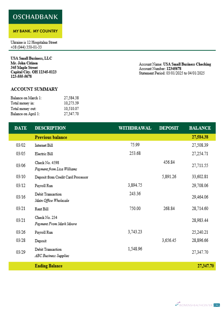 Download Ukrainian Oshadbank enterprise statement Word and PDF template Photoshop template